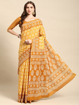 RATAN Printed Daily Wear Pure Cotton Saree(Yellow)