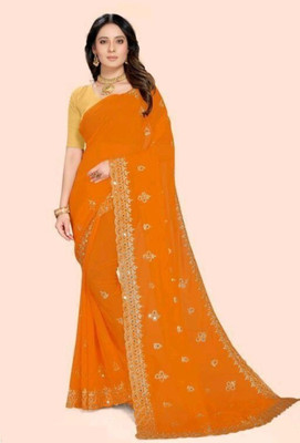 MA FASHION Self Design Bollywood Net Saree(Orange)