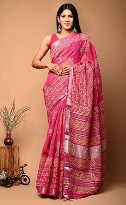 Sen Textiles Floral Print, Printed, Woven, Temple Border Tant Cotton Silk Saree(Pink)