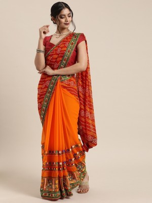 Tasrika Self Design, Embroidered, Printed Bandhani Georgette Saree(Red, Orange)