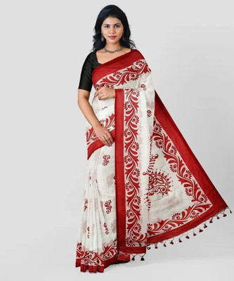 makalitraders Printed Handloom Pure Cotton Saree(White)