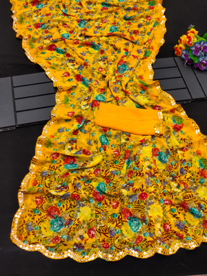 THE URBAN DIVA Printed Bollywood Georgette Saree(Yellow)