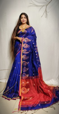 Ganesh plastic and industry Woven, Self Design, Floral Print Handloom Cotton Silk Saree(Dark Blue)