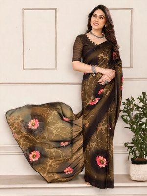 Divastri Floral Print Bollywood Georgette Saree(Brown)