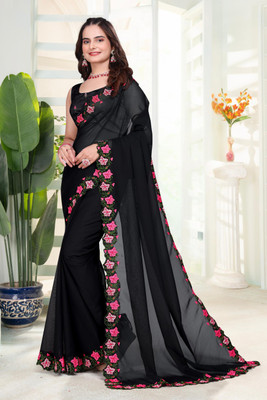SmartSolve Solid/Plain Daily Wear Georgette Saree(Black)