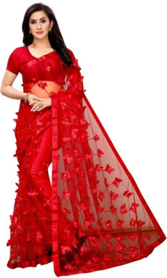 kunjfashion Embroidered Bollywood Net Saree(Red)