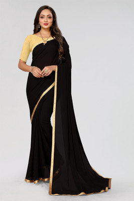 Madhur milan Solid/Plain Daily Wear Georgette Saree(Black)