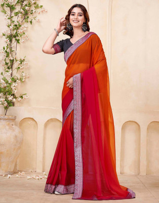 Samah Solid/Plain Bollywood Georgette Saree(Red, Orange)