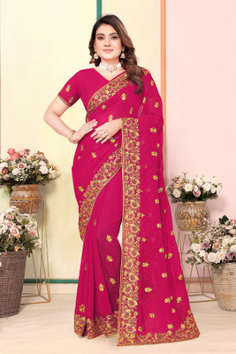 CHAMUNDA CREATION Embroidered Bollywood Georgette Saree(Pink)
