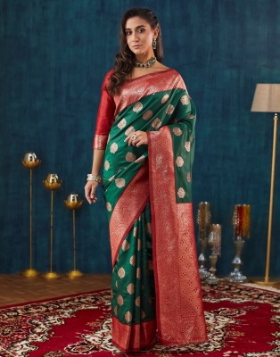 Satrani Woven, Embellished Kanjivaram Silk Blend Saree(Red, Green)