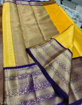 MJAfabric Striped Kanjivaram Art Silk Saree(Yellow)