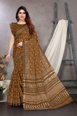 MIRCHI FASHION Printed, Blocked Printed Daily Wear Cotton Blend Saree(Brown)