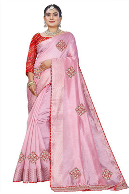 Dhanlaxmi Creation Embroidered Handloom Cotton Blend Saree(Pink)