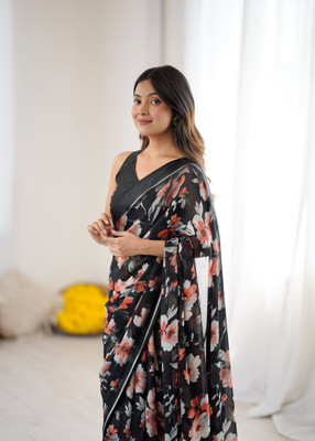 Meet Trendz Floral Print Bollywood Satin Saree(Black)