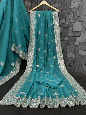 CHAMUNDA CREATION Embroidered Bollywood Organza Saree(Blue)