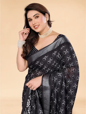 Marabout Digital Print Bollywood Cotton Linen Saree(Black)