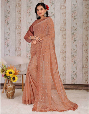 RELLAXAWAVES Embellished Bollywood Lycra Blend Saree(Orange)
