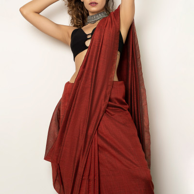 Teejh Solid/Plain Handloom Cotton Blend Saree(Maroon)