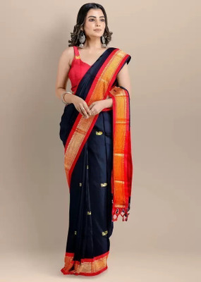 malegaon paithani Printed Banarasi Cotton Silk Saree(Black, Red)
