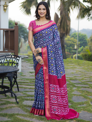 Anouk Rustic Printed Ikkat Cotton Blend Saree(Blue)