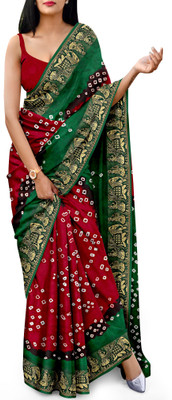 JERAVI Enterprise Self Design, Hand Painted Bandhani Art Silk Saree(Maroon, Green)