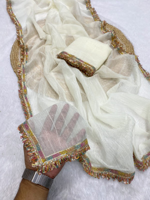 GEETABA FASHION Embroidered Bollywood Chiffon Saree(White)