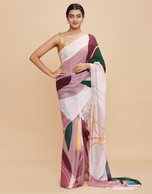 Samah Printed, Color Block Bollywood Chiffon, Crepe Saree(White, Multicolor)