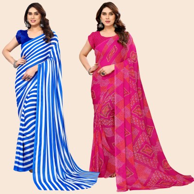 kashvi sarees Striped, Floral Print Daily Wear Georgette Saree(Pack of 2, Light Blue, White, Pink)