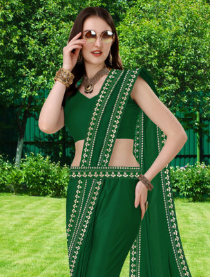 Suvali Fashion Temple Border Banarasi Lycra Blend, Chiffon Saree(Green)
