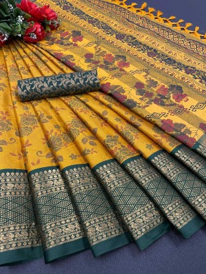 SMARTLOOKS Printed, Woven Banarasi Cotton Silk, Jacquard Saree(Yellow)