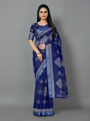Divastri Printed Daily Wear Cotton Blend Saree(Dark Blue)