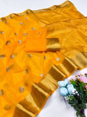 DHARM CREATION Solid/Plain Banarasi Organza Saree(Yellow)