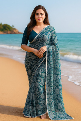 Samai Printed Daily Wear Georgette Saree(Light Blue)