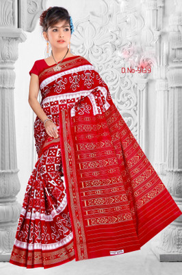 ETHNIC ODISHA HANDLOOM Printed, Digital Print, Geometric Print, Checkered, Polka Print, Graphic Print Sambalpuri Pure Cotton Saree(White, Red)