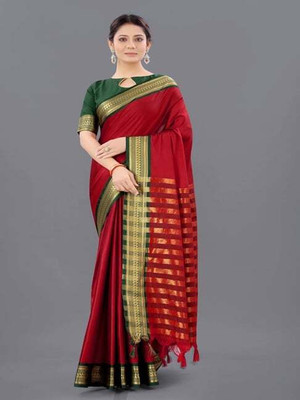 SWASTIKEXPORTS Solid/Plain Bollywood Cotton Silk, Silk Blend Saree(Red)