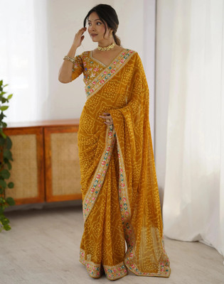 Satrani Printed, Embellished, Embroidered Bandhani Georgette Saree(Yellow, Mustard)