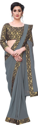 Queen worth Solid/Plain Bollywood Georgette Saree(Grey, Gold)