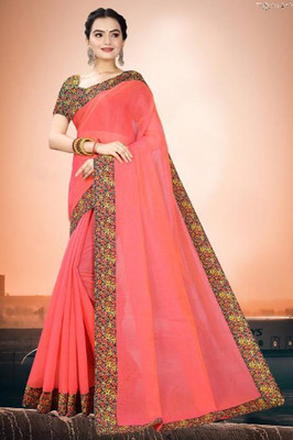 manish Solid/Plain Chanderi Cotton Blend Saree(Pink)