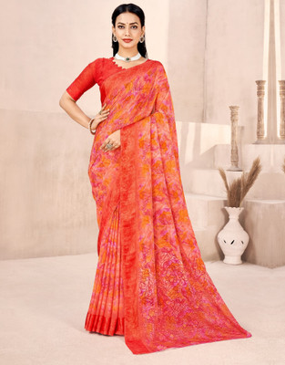 LeeliPeeri Designer Floral Print Daily Wear Chiffon Saree(Orange)