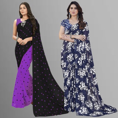 Anand Sarees Floral Print Daily Wear Georgette Saree(Pack of 2, Purple, Black, Blue)
