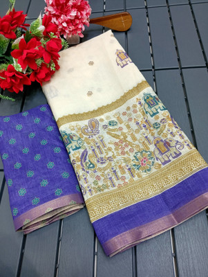 HouseOfCommon Floral Print Kanjivaram Linen, Cotton Linen Saree(Blue)