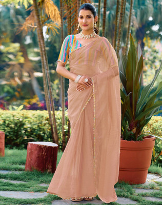 SIRIL Dyed, Embellished, Self Design Bollywood Net, Lace Saree(Orange)