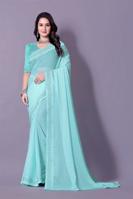 Lapetiya Clothing Solid/Plain, Self Design Bollywood Georgette Saree(Light Blue)