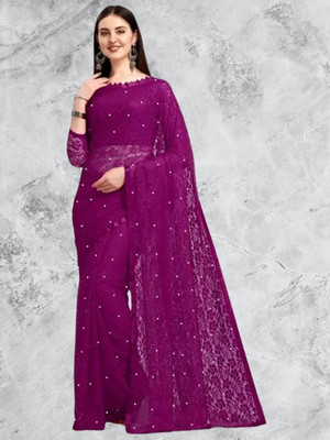 Paanthcreation Solid/Plain Bollywood Net Saree(Purple)