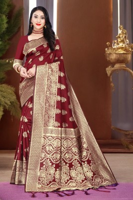 Pikham Woven Banarasi Silk Blend, Jacquard Saree(Maroon)