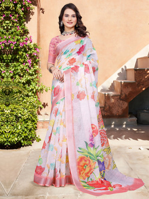 Anouk Rustic Digital Print Hand Batik Cotton Linen Saree(White)