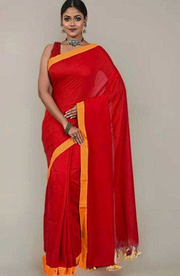 Pal Saree Senter Solid/Plain Bollywood Khadi, Pure Cotton Saree(Red, Yellow)
