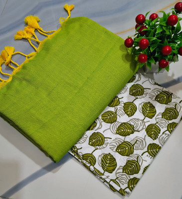 HouseOfCommon Solid/Plain Handloom Cotton Blend Saree(Pack of 2, Green)