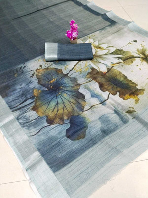 HouseOfCommon Printed Bollywood Pure Cotton, Cotton Linen Saree(Black, Grey)