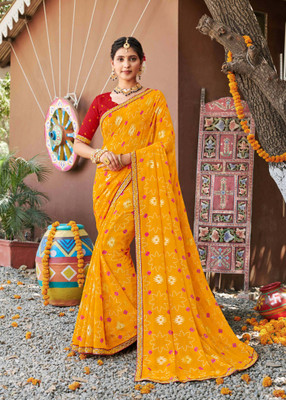 Laxmipati sarees Printed Bandhani Georgette Saree(Yellow)